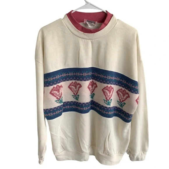 Vintage Floral Crewneck Sweatshirt Adult Large 90s Sweater Act 3 Tag Made USA - Picture 1 of 7